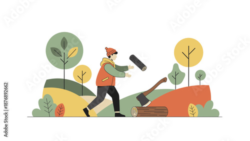 Lumberjack Illustration Preparing Firewood In The Autumn Season Outdoor