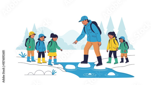 Leader Helps Children Cross Stream During Mountain Hike Expedition
