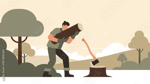 Lumberjack Illustration Carrying Wood With Ax In Stump In Forest Setting
