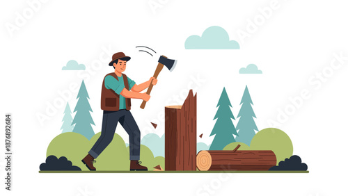 Lumberjack Chopping Wood In The Forest On A Sunny Day Outdoors