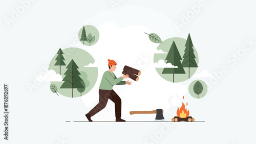 Lumberjack Preparing Firewood In Nature Forest Flat Vector Illustration