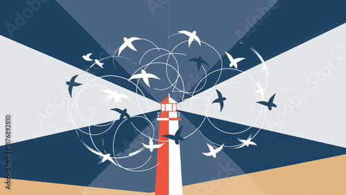 Lighthouse Beacon With Birds Circle Illustration In Geometric Graphic Style