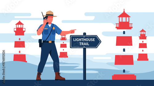 Lighthouse Trail Guide Giving Directions With Radio on Coastal Landscape