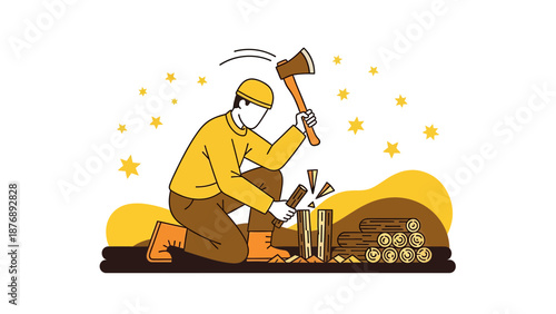 Lumberjack With An Ax Chopping Firewood In The Forest Isolated Vector Illustration