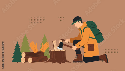 Lumberjack With Axe Chopping Wood In Forest Adventure Outdoor Activity