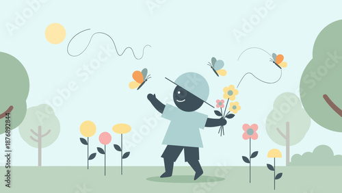 Little Boy In Park With Bouquet And Butterflies Enjoying Summer Day
