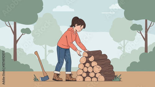 Lumberjack Woman Stacking Wood Logs In Forest Environment For Firewood
