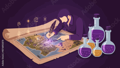Magical Cartographer Plotting Fantasy World With Ancient Symbols and Potions