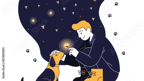Magical Evening Petting Dog Under Firefly Night Stars Serene Bonding Time