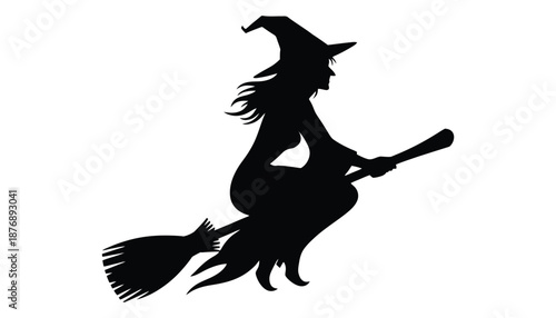 Silhouette of a witch flying on a broomstick against a white background