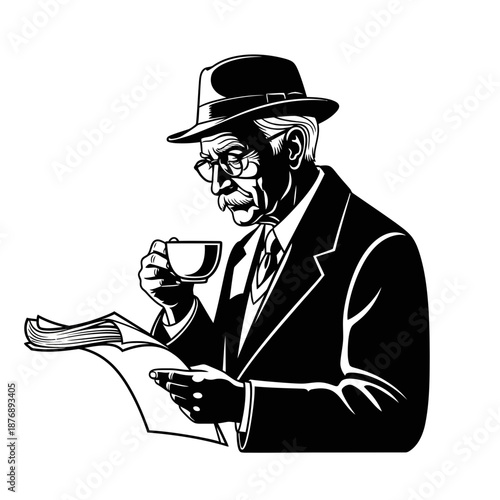  Black Silhouette of an Elderly Theater Director Contemplating Script with Coffee