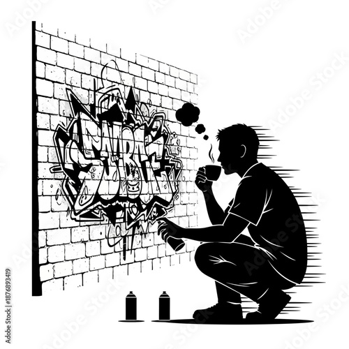  Black Silhouette of a Male Street Artist Reflecting with Coffee at Urban Wall