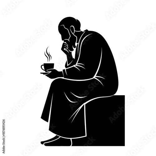  Black Silhouette of a Male Philosopher in Toga Contemplating with Coffee