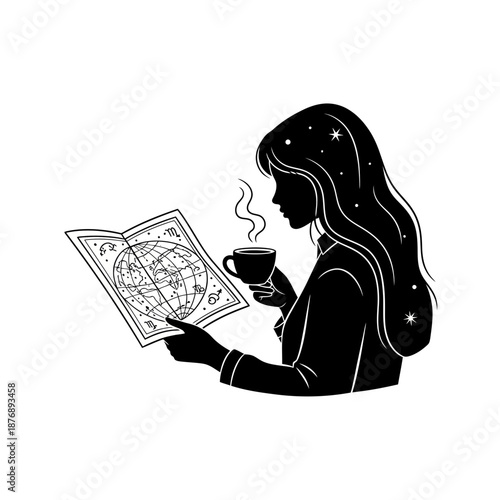 Black Silhouette of a Female Astrologer Observing Star Map with Coffee