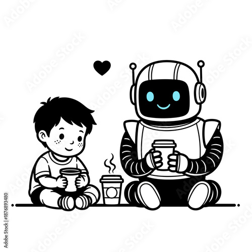 Black Silhouette of a Child with Futuristic Robot Companion and Coffee