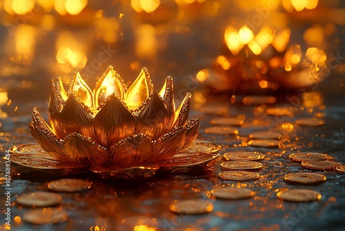 Golden lakshmi blessing abundance coins lotus high resolution picture