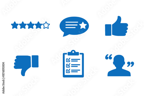 Review and rating icons set featuring testimonials, approval and feedback tools. Clean monocromatic vector symbols for apps, websites and customer experience systems.