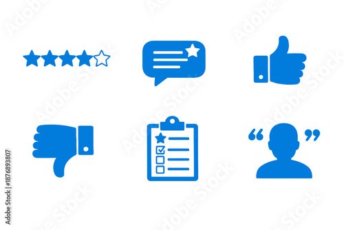 Customer feedback icon set with reviews, ratings and user opinions. Monocromatic flat vector icons for review systems, UI dashboards and digital platforms.