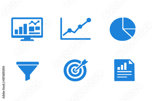 Business intelligence icons set featuring data analysis and reporting tools. Clean monocromatic vector symbols for apps, websites and digital analytics systems.