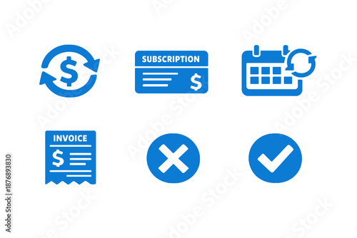 Recurring billing icons set featuring subscriptions, renewals and invoices. Clean monocromatic vector symbols for apps, websites and subscription platforms.