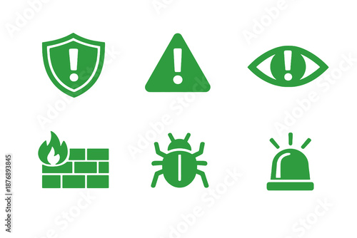 System warning icons set featuring alerts, threats and protection signals. Clean monocromatic vector symbols for apps, websites and digital security interfaces.