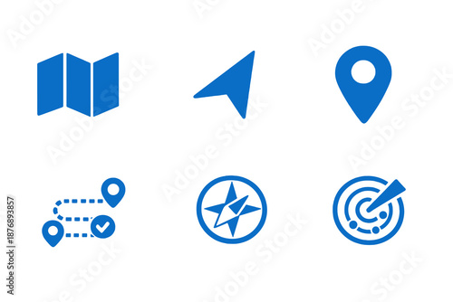 Maps and navigation icon set with GPS, routes and location tools. Monocromatic flat vector icons for navigation apps, UI dashboards, websites and mobility platforms.