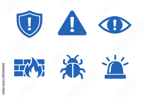 Security alert icon set with warnings, threats and system protection. Monocromatic flat vector icons for security apps, UI dashboards and software platforms.