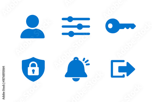 User account icon set with profile, settings and privacy controls. Monocromatic flat vector icons for apps, UI dashboards, websites and account systems.