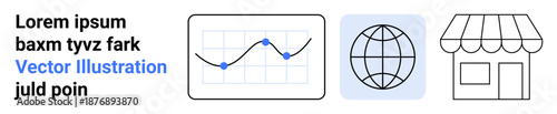 Global trade, business strategy, market analysis, ecommerce concepts, online commerce, data insights. Graph line chart, globe storefront image. Business strategy and market analysis