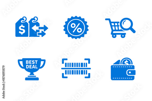 Smart shopping icons set featuring price tracking, offers and savings. Clean monocromatic vector symbols for apps, websites and digital commerce systems.