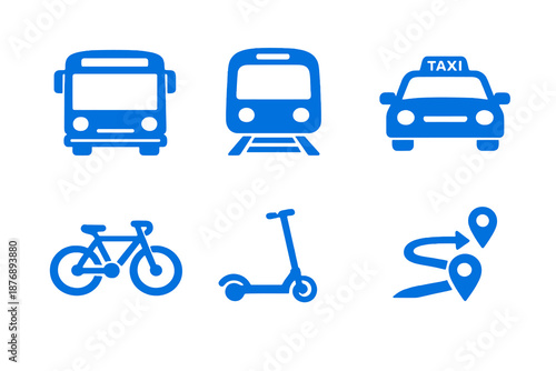 Transportation icon set with public transit, bikes and navigation. Monocromatic flat vector icons for mobility apps, UI dashboards and urban platforms.