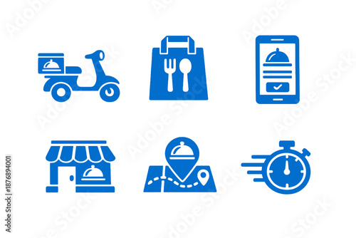 Food delivery icon set with online ordering, restaurants and fast service. Monocromatic flat vector icons for delivery apps, UI dashboards and food platforms.