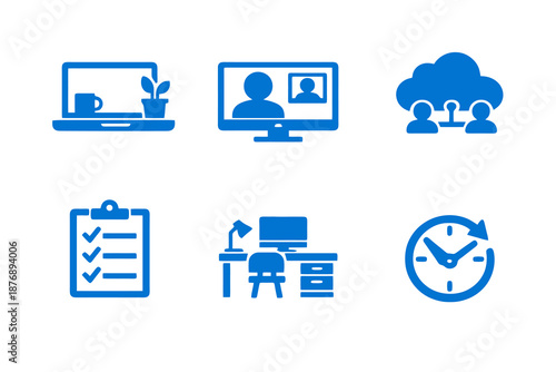 Home office icons set featuring remote collaboration and flexible work. Clean monocromatic vector symbols for apps, websites and modern work systems.
