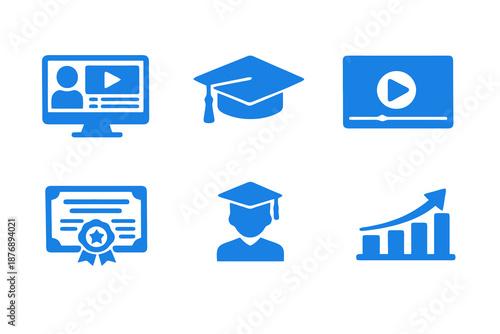 Online education icons set featuring digital learning, certificates and student progress. Clean monocromatic vector symbols for apps, websites and educational systems.