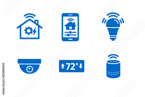 Home automation icons set featuring connected devices and remote control. Clean monocromatic vector symbols for mobile apps, smart systems and web interfaces.