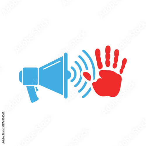 A loudspeaker emitting sound waves towards a handprint symbolizing communication and social issues from a close-up viewpoint