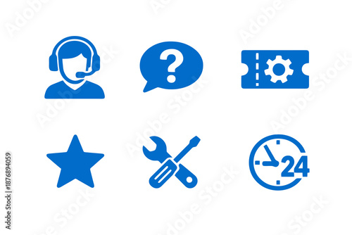 Customer support icon set with help desk, feedback and service response. Monocromatic flat vector icons for support apps, UI dashboards, websites and CRM platforms.