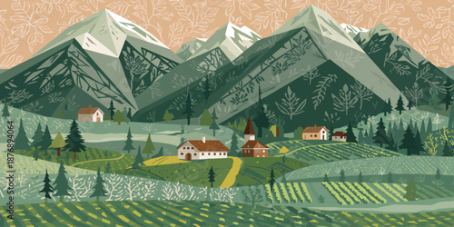 Scenic summer landscape of a rural alpine village in the Austrian Alps with green meadows, mountain forests, and a farm under a blue sky