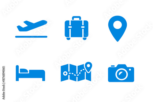 Tourism icons set featuring flight, accommodation and destination tools. Clean monocromatic vector symbols for mobile apps, dashboards and web interfaces.