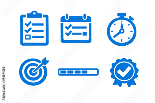 Productivity icon set with tasks, goals, time tracking and progress. Monocromatic flat vector icons for apps, dashboards, UI and workflow tools.