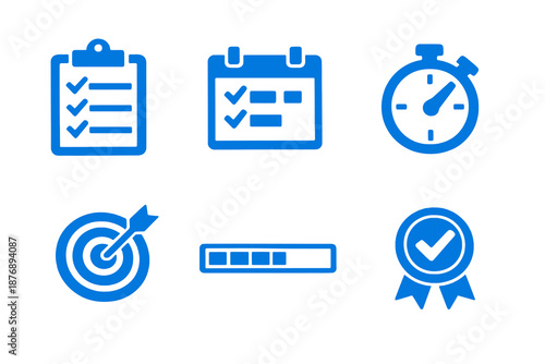 Task management icons set featuring planning, deadlines and completion. Clean monocromatic vector symbols for productivity apps, websites and digital systems.