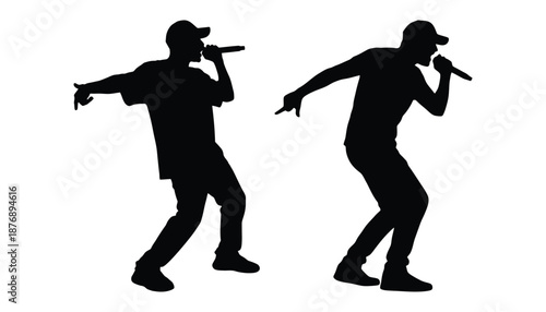 Two silhouetted rappers performing energetic dance moves with microphones