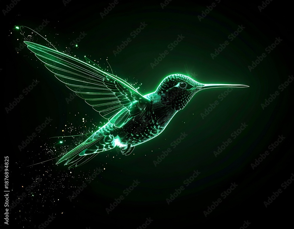 Obraz premium Abstract Luminous Green Hummingbird on Black Background for Digital Art
