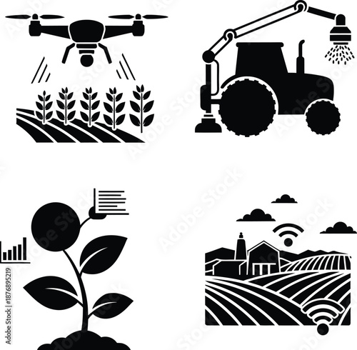 Smart farming technology icon set featuring agricultural drone spraying crops, autonomous tractor automation, and plant data monitoring for precision agriculture.