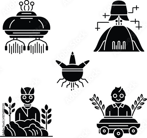 Collection of smart farming icons featuring autonomous agricultural robots, drone irrigation systems, and farmers using high tech automation for crops.