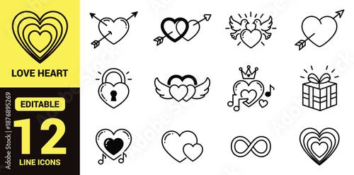 Valentine's Day love icons set with heart shapes, padlocks, lips, keys, sparkles, romantic symbols, passion, affection, couple celebration