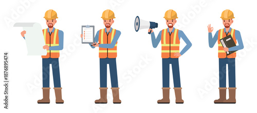 Engineering man character vector illustration design set.