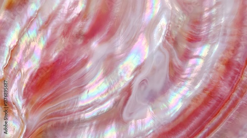 Close-up macro shot of iridescent pink mother of pearl shell texture with rainbow colors