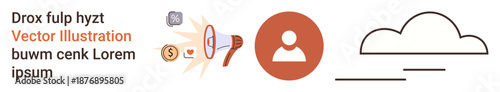Communication symbols, money concept, cloud storage, digital profiles, marketing strategies, financial insights. Includes megaphone, user icon dollar symbol and cloud graphics. Communication