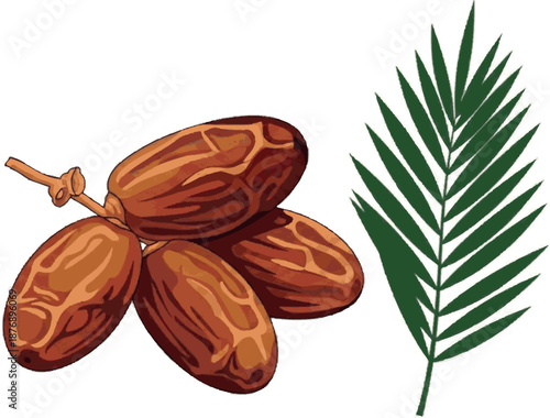 A cluster of ripe dates, known for their natural sweetness and nutritional value, accompanied by a fresh date palm frond, representing tropical produce and healthy eating